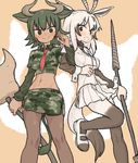  &gt;:) :d animal_ears arabian_oryx_(kemono_friends) arm_at_side aurochs_(kemono_friends) black_hair black_legwear blush breast_pocket breasts brown_footwear brown_hair brown_legwear brown_neckwear brown_shirt buttons camouflage_shirt clenched_hand closed_mouth cow_ears cow_tail crop_top dark_skin empty_eyes extra_ears eyebrows_visible_through_hair eyelashes green_shirt holding holding_spear holding_weapon horizontal_stripes horn_lance huge_weapon japari_symbol kemono_friends leg_lift locked_arms long_sleeves looking_at_viewer mary_janes medium_breasts midriff multicolored multicolored_clothes multicolored_footwear multicolored_hair multicolored_legwear multicolored_neckwear multiple_girls nagayama_(zappazappa) navel necktie open_mouth orange_background oryx_ears oryx_tail pantyhose pencil_skirt pleated_skirt pocket polearm red_neckwear shirt shoes short_hair short_over_long_sleeves short_sleeves side_slit skirt sleeve_cuffs smile spear striped striped_neckwear tail toned tsurime two-tone_legwear two-tone_stripes v-shaped_eyebrows weapon white_footwear white_hair white_legwear white_shirt white_skirt wing_collar 