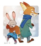  2017 anthro canine clothed clothing disney eyes_closed female fox fur green_eyes group judy_hopps lagomorph male mammal nick_wilde oibib rabbit scarf simple_background winter zootopia 