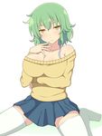  bangs bare_shoulders blue_skirt blush breast_hold breasts cleavage closed_mouth collarbone commentary_request expressionless green_hair highres hikage_(senran_kagura) ichiryuu_tsumiki jitome large_breasts long_sleeves looking_at_viewer off-shoulder_sweater senran_kagura senran_kagura_shoujo-tachi_no_shin'ei short_hair sitting skirt slit_pupils solo strap sweater thighhighs wariza white_legwear yellow_eyes zettai_ryouiki 
