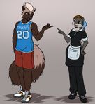  2017 5_fingers anthro black_nose brown_fur canine clothed clothing duo female footwear fur hair lagomorph male mammal mykegreywolf rabbit shoes simple_background smile standing white_hair 