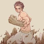  black_eyes brown_hair clenched_hand clenched_teeth cowboy_shot dr._stone eyebrows fighting_stance hachikou_nameko male_focus muscle ooki_taiju pants petrification scar shirtless simple_background solo tan_background teeth 