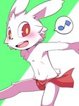  anthro blush bulge clothing cub fur lagomorph loincloth male mammal open_mouth rabbit red_eyes simple_background solo white_fur yellow_pupils young 鴻上 