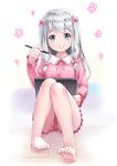  bangs barefoot blue_eyes blush bow closed_mouth commentary_request eromanga_sensei eyebrows_visible_through_hair hair_bow heart highres holding izumi_sagiri long_hair looking_at_viewer pajamas rin2008 silver_hair sitting smile solo tablet tareme thighs toes 