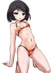  aegis_(nerocc) barefoot bikini black_eyes black_hair flat_chest girls_und_panzer kneeling looking_at_viewer navel no_nose orange_bikini short_hair solo swimsuit transparent_background utsugi_yuuki 