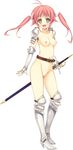  1girl absurdres armor armored_boots belt blush boots breasts brown_eyes fang greaves high_heels highres kazama_akari koikishi_purely_kiss long_hair looking_at_viewer loose_belt medium_breasts navel nipples no_pussy nude open_mouth sheath sheathed simple_background solo sword twintails weapon white_background yuuki_hagure 