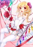  alternate_costume bad_id bad_pixiv_id bare_shoulders blonde_hair breasts dress earrings elbow_gloves fang flandre_scarlet flower garter_straps gloves hair_flower hair_ornament highres jewelry long_hair looking_at_viewer medium_breasts open_mouth pink_background pointy_ears red_eyes red_flower red_rose ring rose shanghai_bisu side_ponytail smile solo sparkle thighhighs touhou wedding_band wedding_dress white_gloves white_legwear wings 