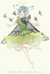  antennae barefoot blue_hair butterfly_wings copyright_name dress ekita_xuan eternity_larva green_dress highres leaf open_mouth short_hair simple_background solo touhou wings yellow_background yellow_eyes 