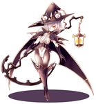  boots cape chain collar eyebrows_visible_through_hair frills full_body gloves hair_over_one_eye hat hisui_(syarute) holding holding_weapon knee_boots lantern original pointy_ears scythe shadow weapon white_background white_hair witch_hat yellow_eyes 