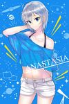  adjusting_hair anastasia_(idolmaster) arm_behind_back arm_up ashita_(2010) bare_shoulders blue_background blue_eyes blue_shirt breasts character_name collarbone commentary_request eyebrows_visible_through_hair eyelashes idolmaster idolmaster_cinderella_girls looking_at_viewer medium_breasts midriff navel off-shoulder_shirt off_shoulder planet shirt short_hair short_shorts shorts silver_hair smile sparkle star starry_background telescope thighs white_shorts 