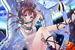  :o air_bubble bangs brown_hair bubble dress eyebrows_visible_through_hair fish floating_hair high_heels long_hair looking_at_viewer original parted_lips purple_eyes sailor_dress solo space submerged thighs tsukigami_runa underwater white_dress 