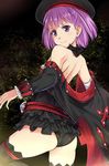  ass bare_back bare_shoulders black_legwear black_panties commentary_request fate/grand_order fate_(series) hat helena_blavatsky_(fate/grand_order) jacket looking_at_viewer panties purple_eyes purple_hair short_hair smile solo strapless thighhighs tsuyadashi_shuuji underwear 