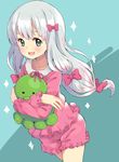  bangs blue_eyes blush bow collarbone crossed_arms eromanga_sensei eyebrows hair_bow hug izumi_sagiri kirarin369 long_hair long_sleeves looking_at_viewer open_mouth pink_bow pink_ribbon pink_shirt pink_shorts ribbon shirt shorts silver_hair solo stuffed_animal stuffed_toy 