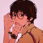  brown_eyes brown_hair chromatic_aberration earrings face glasses ilya_kuvshinov jewelry lips looking_back original parted_lips portrait short_hair solo watch 
