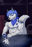  2017 abs android anthro biceps blue_eyes blue_hair canine damage factory fur hair invalid_tag libra-11 machine male mammal muscular pecs robot robotic_reveal smile solo tools white_fur wolf 