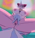  2017 anthro anthrofied areola blue_eyes blush body_writing breasts chowdie clitoris eyewear female glasses hi_res horn leaking mammal necktie nipples one_eye_closed presenting presenting_pussy pussy pussy_juice smile solo spread_legs spread_pussy spreading the_lego_movie tongue unikitty 