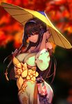  absurdres adjusting_hair bare_shoulders breasts brown_hair covered_nipples curvy flower hair_ornament han-0v0 highres japanese_clothes large_breasts long_hair looking_at_viewer oriental_umbrella red_eyes smile solo standing umbrella xianjian_qixiazhuan_huanlijing 