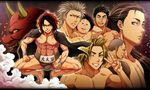  annotated black_hair blonde_hair buzz_cut gojou_yuuma grey_hair grin highres hinomaru_zumou horns jacket_on_shoulders kanamori_tsuyoshi karuta410 kunisaki_chihiro kuze_sousuke long_hair mawashi multicolored_hair multiple_boys muscle one_eye_closed oni ozeki_shinya ponytail purple_eyes red_eyes red_hair red_skin sada_mizuki scar smile sumo two-tone_hair ushio_hinomaru v yellow_eyes 