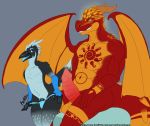 2018 abs anthro apollo_(dragollo) arm_warmers armwear avian balls barazoku big_butt big_tai bird blue_eyes blue_feathers butt claws clothing digital_media_(artwork) dragollo dragon duo erection feathers graxtor hi_res horn long_tail male male/male muscular muscular_male nude open_mouth penis reptile scalie simple_background smile teeth thick_thighs thong tongue tongue_out wings 