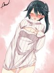  alternate_costume black_hair blush breasts cleavage_cutout closed_eyes cowboy_shot embarrassed eyebrows_visible_through_hair facing_viewer hair_between_eyes hair_ribbon houshou_(kantai_collection) kantai_collection legs_apart long_hair medium_breasts meme_attire mtu_(orewamuzituda) open-chest_sweater open_mouth ponytail ribbed_sweater ribbon signature solo standing sweater tears turtleneck 