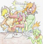  2017 absurd_res anthro anthrofied apple_bloom_(mlp) applejack_(mlp) big_macintosh_(mlp) blood blush breasts cleavage clothed clothing dialogue english_text equine female fight flicker-show fork friendship_is_magic granny_smith_(mlp) hi_res horse male mammal my_little_pony pony tears text traditional_media_(artwork) 