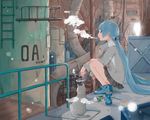  angel_wings animal blue_eyes blue_hair can cat cigarette hair_ornament halo highres long_hair looking_at_another original smoke soda_can twintails wings yutukicom 