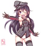  ;d akatsuki_(kantai_collection) alternate_costume anchor_hair_ornament bare_shoulders bismarck_(kantai_collection) bismarck_(kantai_collection)_(cosplay) blue_eyes blush bow bow_panties brown_gloves commentary_request cosplay detached_sleeves gloves grey_legwear hair_ornament hat highres iron_cross kanon_(kurogane_knights) kantai_collection long_hair looking_at_viewer military military_hat military_uniform one_eye_closed open_mouth outstretched_arm panties peaked_cap smile solo underwear uniform white_panties 
