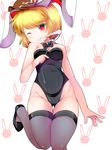  animal_ears animal_print bare_arms bare_shoulders blonde_hair blush bow bowtie breasts bunny_ears bunny_print bunnysuit dango detached_collar doku_corne eating eyebrows_visible_through_hair flat_cap floppy_ears food grin hat highres leg_up looking_at_viewer one_eye_closed parted_lips red_eyes ringo_(touhou) shoes short_hair small_breasts smile solo thighhighs touhou wagashi white_background 