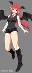  black_footwear black_legwear black_shorts boots breasts collared_shirt demon_wings full_body grey_background head_tilt head_wings highres kemuri_haku kneehighs koakuma large_breasts long_hair long_sleeves looking_at_viewer necktie pointy_ears red_eyes red_hair red_neckwear shirt short_shorts shorts simple_background solo thighs touhou twitter_username vest white_shirt wing_collar wings 