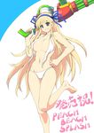  &gt;:) bangs bare_arms bare_legs bare_shoulders barefoot bikini blonde_hair blue_hairband blue_ribbon breasts center_opening commentary_request covered_nipples green_eyes grin groin gun hair_ribbon hairband halter_top halterneck hand_on_hip highres holding holding_gun holding_weapon katsuragi_(senran_kagura) large_breasts leg_up long_hair looking_at_viewer navel over_shoulder ribbon senran_kagura senran_kagura_peach_beach_splash sidelocks smile solo stomach swimsuit takeuma_key translation_request untied untied_bikini v-shaped_eyebrows very_long_hair water_gun weapon weapon_over_shoulder white_bikini 