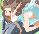  :d ass blue_dress blue_eyes blush bow bow_dress brown_eyes brown_hair commentary_request dress gen_2_pokemon long_hair looking_at_viewer mega_steelix mikan_(pokemon) open_mouth orange_bow orange_eyes panties pokemon pokemon_(creature) saitou_naoki smile solo steelix tareme two_side_up underwear white_panties 