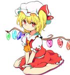  ascot barefoot blonde_hair closed_mouth commentary_request crystal eyebrows_visible_through_hair flandre_scarlet full_body hat hat_ribbon highres looking_at_viewer mob_cap moyazou_(kitaguni_moyashi_seizoujo) puffy_sleeves red_eyes ribbon shirt short_hair short_sleeves side_ponytail simple_background sitting skirt skirt_set slit_pupils solo touhou vest white_background wings 