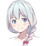  alternate_hairstyle bangs blue_eyes blush bow braid closed_mouth collarbone commentary_request eromanga_sensei eyebrows_visible_through_hair face gradient_hair hair_over_shoulder izumi_sagiri kanzaki_hiro long_hair lowres multicolored_hair pink_bow pink_hair portrait shiny shiny_hair silver_hair simple_background single_braid smile solo tareme white_background 