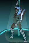  2018 anthro arm_warmers armwear big_tail blue_hair clothed clothing dancing digital_media_(artwork) dragollo fur girly hair harness hi_res legwear long_tail looking_at_viewer male mammal mephitid open_mouth pole simple_background skunk smile solo stockings thong white_fur 