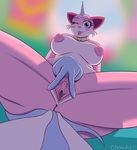  2017 anthro anthrofied areola blue_eyes blush breasts chowdie clitoris female hi_res horn leaking mammal nipples one_eye_closed presenting presenting_pussy pussy pussy_juice smile solo spread_legs spread_pussy spreading the_lego_movie tongue unikitty 