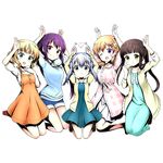  ;d animal animal_on_head aqua_dress arm_up arms_up blonde_hair blue_dress blue_eyes blue_hair blue_shorts blue_sweater brown_hair bunny bunny_on_head casual collarbone divine_gate dress eyebrows_visible_through_hair full_body gochuumon_wa_usagi_desu_ka? green_eyes hair_between_eyes hair_ornament hoto_cocoa jacket kafuu_chino kirima_sharo kneeling long_hair looking_at_viewer multiple_girls on_head one_eye_closed open_mouth orange_dress ponytail purple_eyes purple_hair red_footwear ribbon shadow shirt shoes short_hair short_shorts short_sleeves shorts skirt sleeveless sleeveless_dress smile sweater tedeza_rize tippy_(gochiusa) transparent_background twintails ucmm ujimatsu_chiya white_ribbon white_shirt white_skirt yellow_jacket 