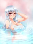  bath blush breasts cleavage cosmic_break ivis large_breasts long_hair one_eye_closed red_eyes silver_hair solo steam towel twrlare water wet 