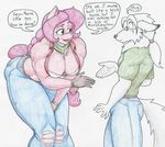  2017 absurd_res anthro breasts canine cleavage clothed clothing dialogue english_text equine eyewear fan_character flicker-show glasses gloves hi_res honey_suckle_(oc) male mammal my_little_pony piercing size_difference text wolf 