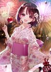  :d brown_hair candy_apple copyright_request eyebrows_visible_through_hair fireworks floral_print food half-closed_eyes japanese_clothes kimono kinchaku open_mouth outdoors pink_kimono pouch purple_eyes sash short_hair smile solo teeth tsukigami_runa upper_body water_drop 