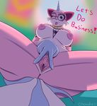  2017 anthro anthrofied areola blue_eyes blush body_writing breasts chowdie clitoris dialogue english_text eyewear female glasses hi_res horn leaking mammal necktie nipples one_eye_closed presenting presenting_pussy pussy pussy_juice smile solo spread_legs spread_pussy spreading text the_lego_movie tongue unikitty 