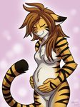  anthro breasts brown_hair chest_tuft closed feline female flora_(twokinds) fur hair happy heresy_(artist) invalid_tag keidran mammal multicolored_fur nude orange_fur pregnant pubes simple_background smile stripes_(marking) tiger tuft two_tone_fur twokinds 