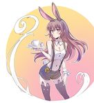  animal_ears bow bowtie breasts brown_eyes brown_hair bunny_ears bunny_girl bunny_tail buttons cleavage commentary_request cream creamer_(vessel) cup iesupa long_hair medium_breasts navel rwby shorts solo sugar_cube suspender_shorts suspenders tail teacup tray velvet_scarlatina waitress 