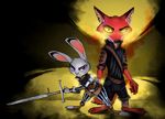  2017 anthro armor canine claymore clothed clothing disney duo female fox holding_object holding_weapon judy_hopps lagomorph looking_at_viewer male mammal melee_weapon nick_wilde purple_eyes rabbit slit_pupils sword thewyvernsweaver weapon yellow_sclera zootopia 