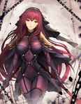  ass_visible_through_thighs chain covered_navel cowboy_shot dual_wielding fate/grand_order fate_(series) gae_bolg holding jewelry limeblock long_hair looking_at_viewer navel parted_lips polearm purple_hair red_eyes scathach_(fate)_(all) scathach_(fate/grand_order) see-through shoulder_armor skin_tight solo spaulders spear veil walking weapon wind 