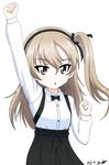  arm_up artist_name bangs black_bow black_neckwear black_ribbon bow bowtie brown_eyes bukkuri casual collared_shirt dated girls_und_panzer hair_ribbon high-waist_skirt light_brown_hair long_hair long_sleeves looking_at_viewer parted_lips raised_fist ribbon shimada_arisu shirt side_ponytail signature simple_background skirt solo standing suspender_skirt suspenders upper_body white_background white_shirt 