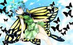  antennae bangs bare_legs blue_hair blue_sky blush bug butterfly butterfly_wings commentary_request cowboy_shot day dress eternity_larva flying g_(desukingu) green_dress hair_between_eyes hair_ornament highres insect leaf_hair_ornament looking_at_viewer short_hair sky smile solo touhou wings yellow_eyes yellow_wings 