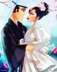  1girl arm_around_waist ashi_(samurai_jack) black_eyes black_hair bridal_veil bride couple earrings eye_contact hetero highres husband_and_wife japanese_clothes jewelry kimono looking_at_another rotodisk samurai_jack samurai_jack_(character) short_hair smile spoilers thick_eyebrows topknot uchikake veil wedding 