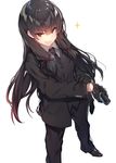  alternate_costume black_gloves black_hair black_neckwear black_pants boots buttons car_keys coat collared_shirt dutch_angle eyebrows_visible_through_hair formal from_above gloves grey_shirt hair_ribbon highres isokaze_(kantai_collection) kantai_collection long_hair looking_to_the_side low-tied_long_hair necktie open_mouth pants red_eyes ribbon shirt sidelocks simple_background smile soukou_makura sparkle standing suit vest white_background 
