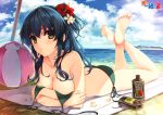  ball bikini blue_hair blush breast_hold breasts clouds flowers green_eyes kuroya_shinobu long_hair scan sky swimsuit water 