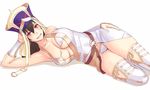  armpits bare_shoulders bead_necklace beads belly_peek bikini bikini_under_clothes black_hair blush bracer breasts cleavage collarbone commentary_request fate/grand_order fate_(series) hair_between_eyes hat head_rest jewelry large_breasts long_hair looking_at_viewer lying necklace on_side prayer_beads purple_eyes smile solo swimsuit thighhighs white_bikini white_legwear xuanzang_(fate/grand_order) yuuji_(and) 