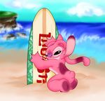  2007 angel_(lilo_and_stitch) antennae beach black_eyes breasts butt claws cloud disney female fur lilo_and_stitch littletiger488 outside pink_claws pink_fur scratch seaside side_boob sky small_tail solo surfboard water 